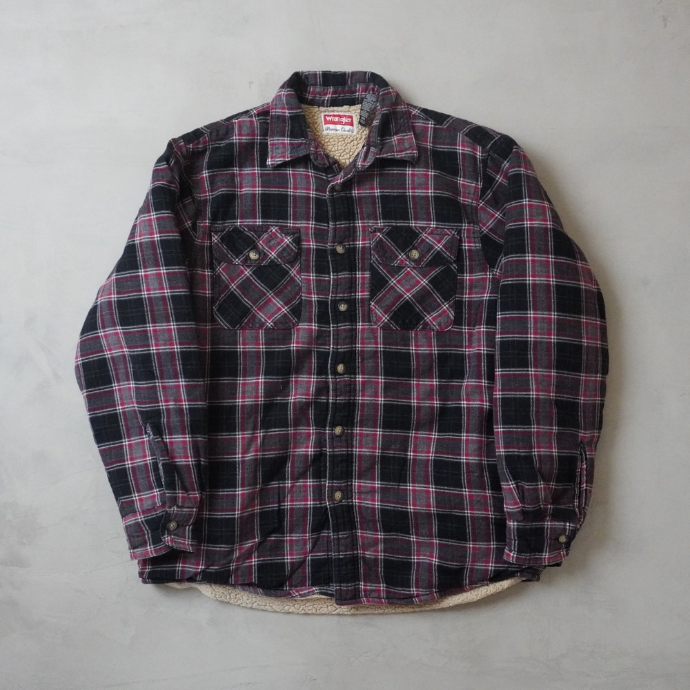 Wrangler Sherpa Lined Flannel Shirt Jacket Medium Mens Red Plaid Heavyweight